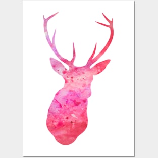 Pink Deer Watercolor Portrait Posters and Art